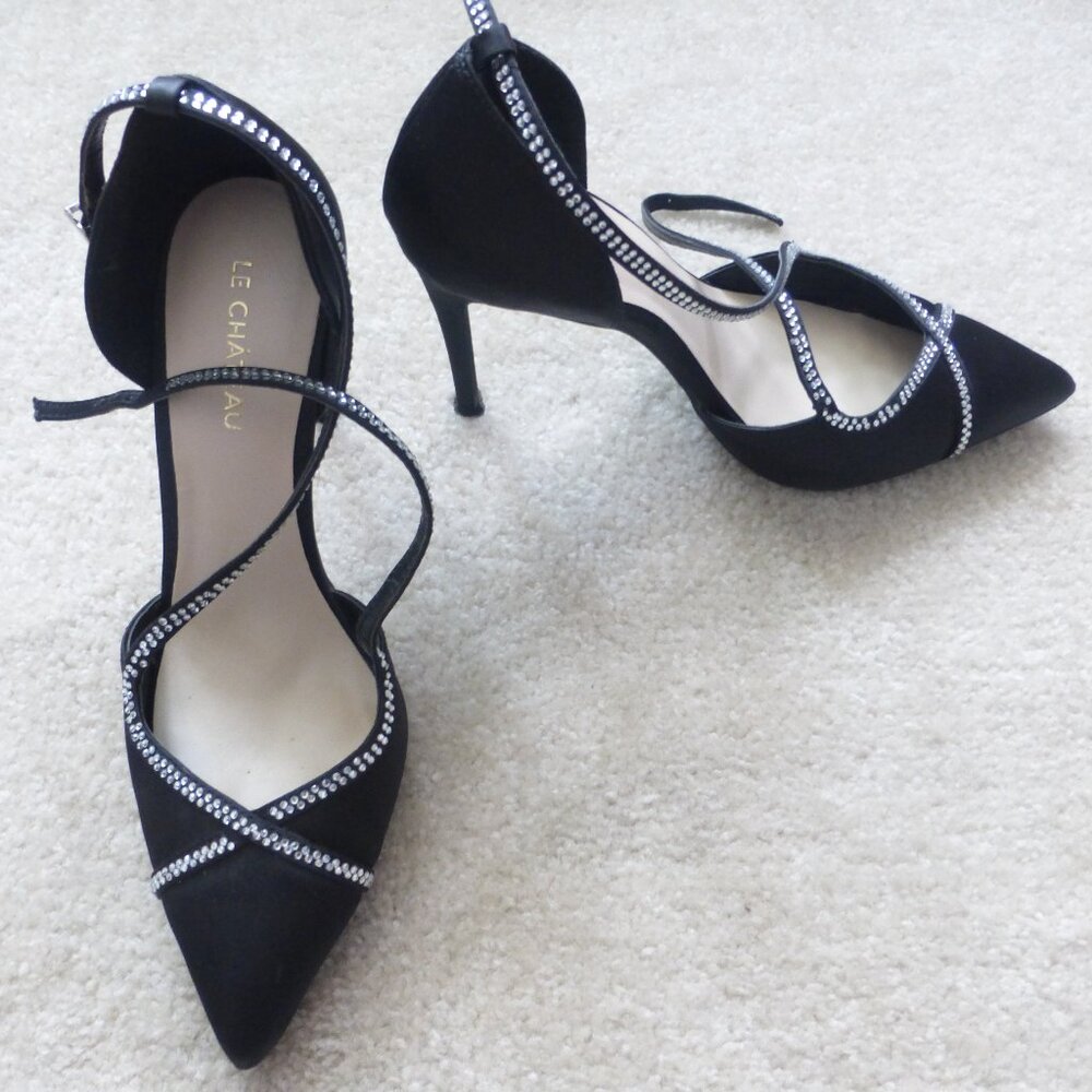 LE CHATEAU black satin pumps with skinny straps and clear rhinestones